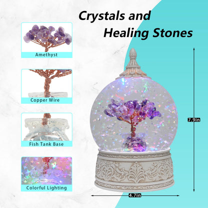 Amethyst Healing Crystal Tree Globe with Colorful Lights and Sparkling Glitter, Natural Gemstone Base, Spiritual Meditation, Positive Energy Good Luck, Home Decor, Birthday Gifts (Amethyst)