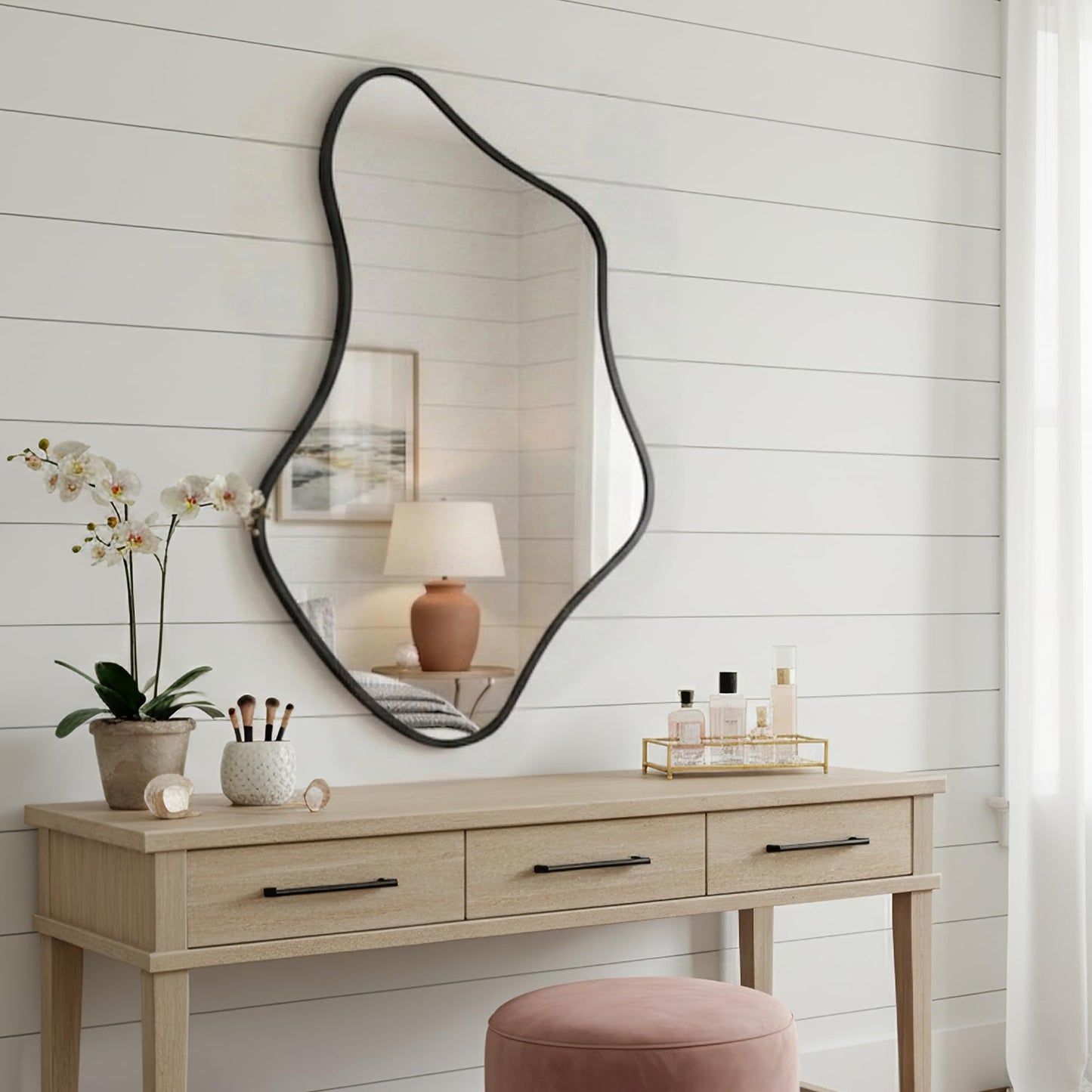 Fahomiss Asymmetrical Wall Mirror, Irregular Shaped Frameless Vanity Mirror, Modern Decorative Mirror for Entryway, Living Room, Bathroom (Black, 40" L x 24" W)