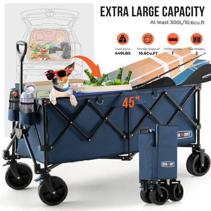 Overmont 45'' Collapsible Foldable Extended Wagon Cart - 300L Heavy Duty 440lbs Large Capacity Folding Utility Wagon with All-Terrain Wide Wheels for Camping Sports Grocery Beach