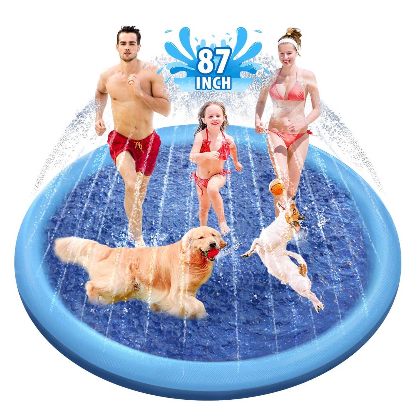 Raxurt Splash Pad for Kids and Dog, 87IN Non-Slip Large Baby Play Mat, Thickened Durable Dog Pool Toys, Sprinkler Outdoor Water Toys for Ages 3-12 Boys Girls, Parent-Kids, Blue