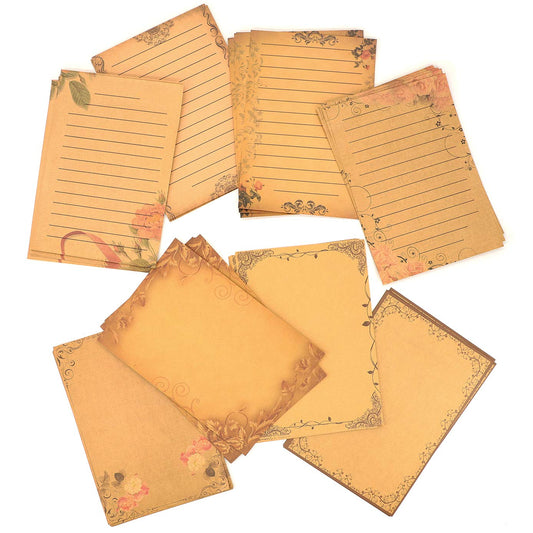 CenterZ 128 Sheets 8 Style Vintage Stationary Paper, 5.7 x 8.3 inch A5 Size 100gsm Kraft Floral Printed Letter Writing Stationery Bulk Set for Personalized Letters, Creative Poems, Lyrics, Notes, etc.