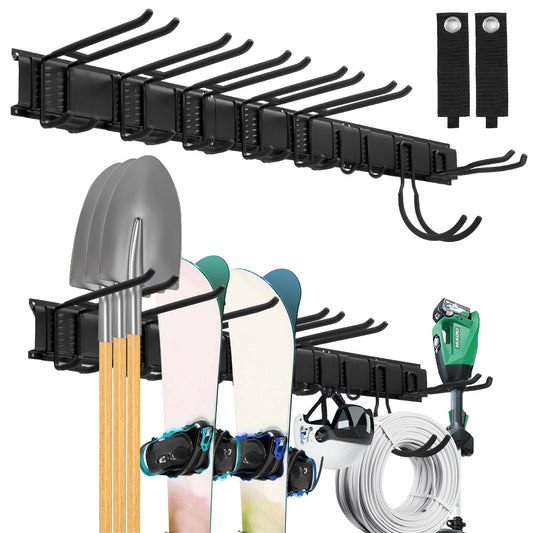 Sinoer Heavy Duty Steel Garage Wall Mount Garden Tool Organizer with 9 Adjustable Metal Hooks and 2 Straps, for Garden Tools, Chairs, Brooms, Mops, Rakes, Shovel