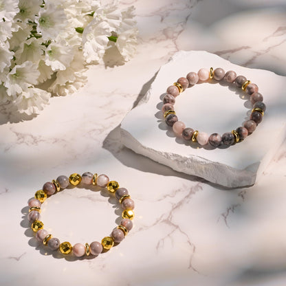 Bivei Natural Gemstone Semi Precious Crystals Handmade Stretchy Round Beads Bracelet, Enhance Positive Energy,Stocking Stuffers for Women(Gold Tone Pink Jasper & Sakura Agate(Love) Medium)