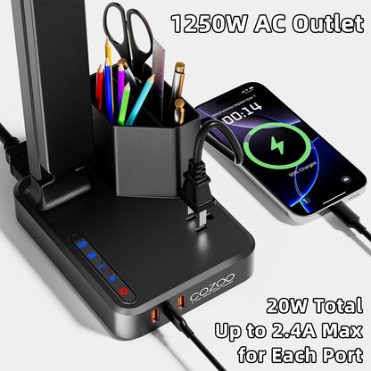 LED Desk Lamp with 3 USB Charging Ports 1 AC Outlet Small Table Lamp for Home Office/Bedroom/Study/College/Dorm Room Essentials, Foldable Reading Light w/Pen Holders for Craft/Artist/Puzzle/Nail/Task