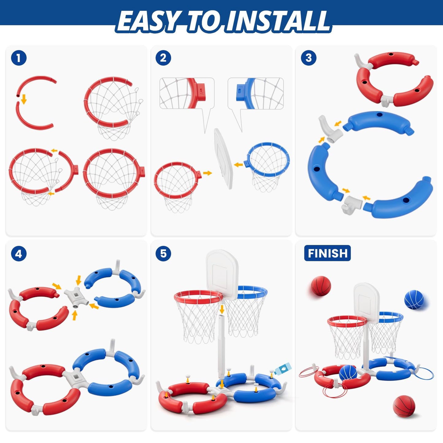 HYES Double Pool Basketball Hoop with Backboard, 2-in-1 Floating Pool Toys Ring Toss Game, 2 Player Games Summer Outdoor Water Toys Gifts for Kids Ages 4-8 8-12 & Adults, Family Swimming Pool Party