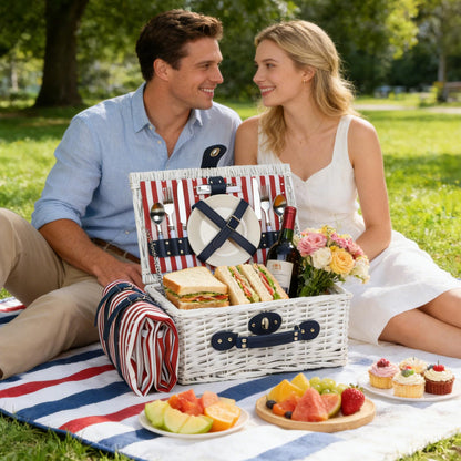 Wicker Picnic Basket for 2 with Waterproof Picnic Blanket and Insulated Bag, Patriotic Red White and Blue Star Pattern for Soccer Game, Camping, Travel, Birthday Gift, Wedding Gift
