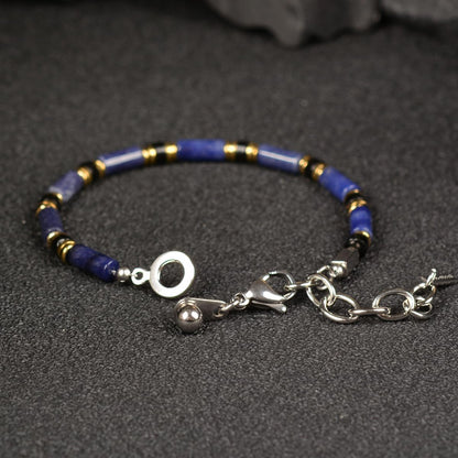 Casvia Men's Indigo Blue Stone Beaded Bracelet, Obsidian & Hematite, Stainless Steel Dual-Clasp, Adjustable, Durable Daily Wear, Azure Veil, Ideal Gift for Men Dad Boyfriend Son
