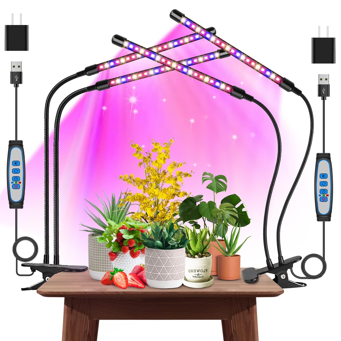 Garpsen Grow Lights for Indoor Plants, 2PCS 2 Heads Full Spectrum Led Grow Lights for Seed Starting, 80 LEDs Plant Grow Light, with Auto ON/Off 6/12/16H Timer, 5 Dimmable Levels (460nm/660nm/3000K)