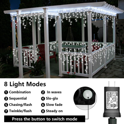 QITONG Icicle Lights for Outside, 66ft 800 LED String Lights Plug in with 8 Modes, Connectable White Icicle Christmas Light Clear Wire Indoor