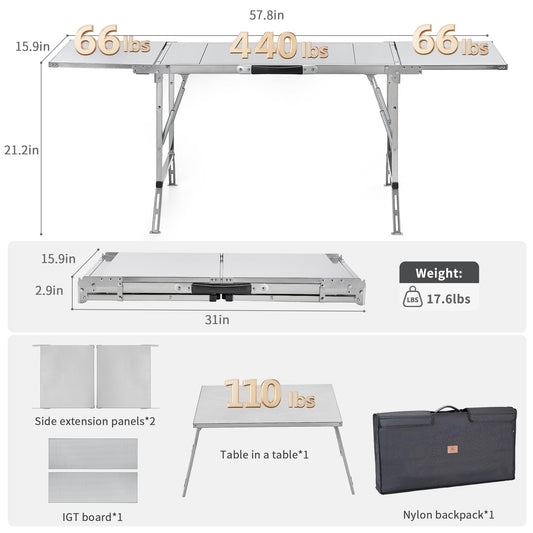 CAMPJOURNEY Folding Table IGT Camping Table, Portable Outdoor IGT Cook System, Stainless Steel Camp Table with Carry Bag for Car Camping Picnic RV Trip Patio Backyard BBQ