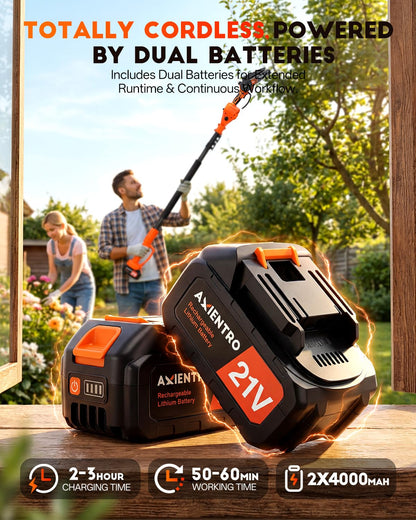 Axientro Electric Pole Saws for Tree Trimming, 2-in-1 Bruless Motor Mini Chainsaw & Pole Saw, 8-in Electric Chainsaw Cordless with Extendsion Pole, 2x4000mAh Li Batteries & Charger, 16FT Max Reach