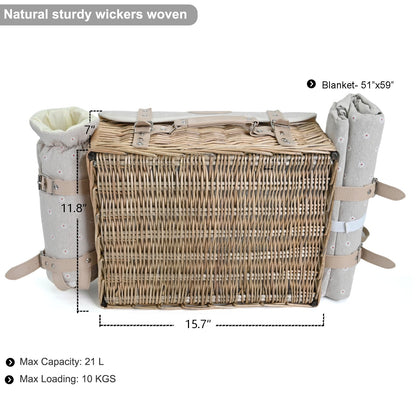 Multifunctional Wicker Picnic Basket Set for 4 with Blanket and Picnic Table, Insulated Picnic Set with Full Tablewares for Camping Outdoor Couples, Flowers