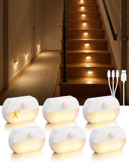 6 Pack Rechargeable Motion Sensor Stair Lights, Indoor Hallway Wall Light, Magnetic Wireless Peel and Stick On Closet Light, Battery Operated LED Night Lights for Step Bedroom Cabinet Toilet Bathroom