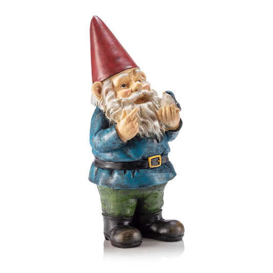 Alpine Corporation 12" Tall Garden Gnome Outdoor Yard Statue with Colorful Bird Accent, Playful Polyresin Decoration, Multicolor
