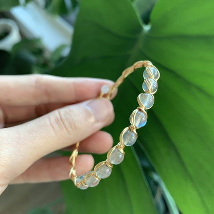 PSEEHEE Handmade Genuine White Labradorite Rainbow Moonstone 14k Gold Filled Wire Wrapped Bracelet, Adjustable Size Crystal Beads Birthstone Gemstone Bohemian Jewelry Women
