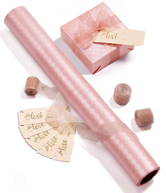 Vitalizart Pink Metallic Grid Wrapping Paper Set 17" With Organza Ribbon & Gift Tags Christmas Gift Wrapping Birthday Baby Shower Wedding Bouquets Handmade Crafts 197"(16.4 Ft) Pink Ribbon