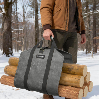 Amagabeli Firewood Carrier Waxed Canvas Log Tote Carrying Bag Heavy Duty Fire Large Wood Fireplace Carrier Bag with Handles for Camping Firewood Log Holder Wood Sling Cabin Stove Accessories Grey