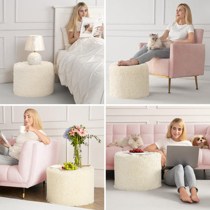 Hansleep Round Stuffed Pouf Ottoman 17 x 14, Foam Filled Faux Fur Ottoman Foot Rest for Chair with Washable Cover, Foot Stools Under Desk for Living Room & Bedroom, Beige