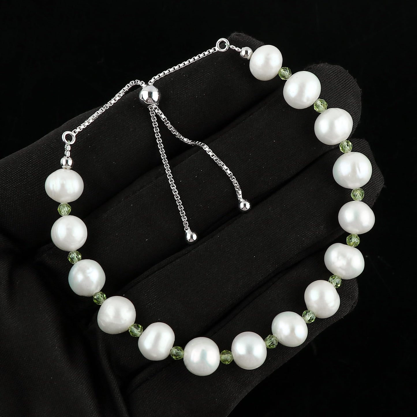 CRYSTALIS Natural Peridot And Natural FW Pearl Beaded Bolo Bracelet, Elegant Beads Crystal, Chakra Bracelet, Healing Bracelet, Gemstone Jewelry, 925 Sterling Silver Slider 10 inch, Gift for Princess