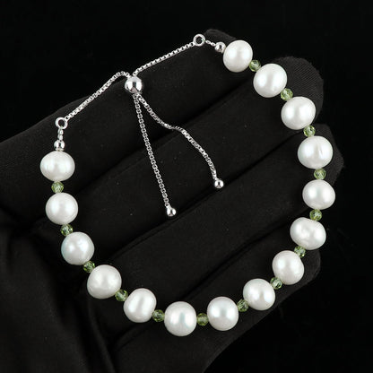 CRYSTALIS Natural Peridot And Natural FW Pearl Beaded Bolo Bracelet, Elegant Beads Crystal, Chakra Bracelet, Healing Bracelet, Gemstone Jewelry, 925 Sterling Silver Slider 10 inch, Gift for Princess