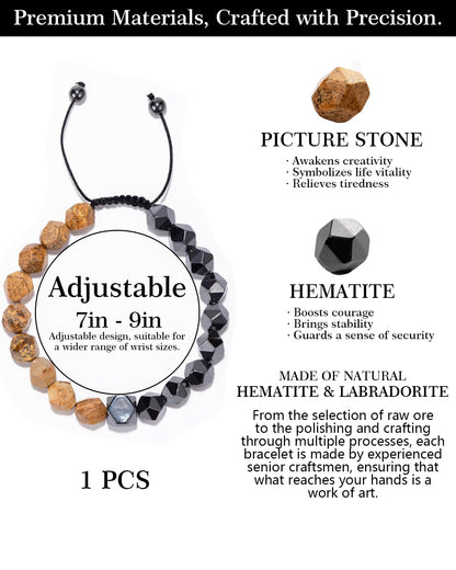 Beaded Bracelet for Men, 10mm Natural Stones Bracelet for Men's Gift, Adjustable Precision-Cut Gemstone Crystal Healing Bracelet, Protection Jewelry Gift with Hematite, Tiger Eye (Picture Stone & Hematite)