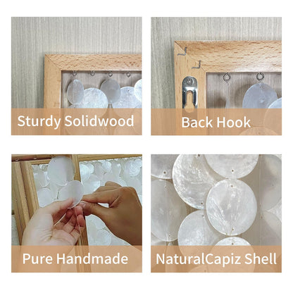 Vechor Handmade 24"x15.7" Capiz Shell Wall Art, Coastal Beach Décor，Solid Wood Frame, Natural White Seashell Hanging for Living Room, Bedroom, Office