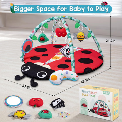 Jyusmile Baby Play Gym Mat, 8-in-1 Tummy Time Mat with 6 Toys, Washable Baby Activity Mat for Visual, Hearing, Sensory, Motor Development, Baby Essentials Gift for Newborn Infant 0-3-6-9-12 Months