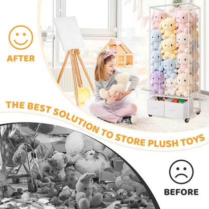 Stuffed Animal Storage - Large Stuffed Animal Zoo Holder with 2 Toy Bins - Plushies Storage with Elastic Band - Metal Plush Toy Organizer Brake Wheels Perfect for Toddler Rooms Playrooms Bedroom