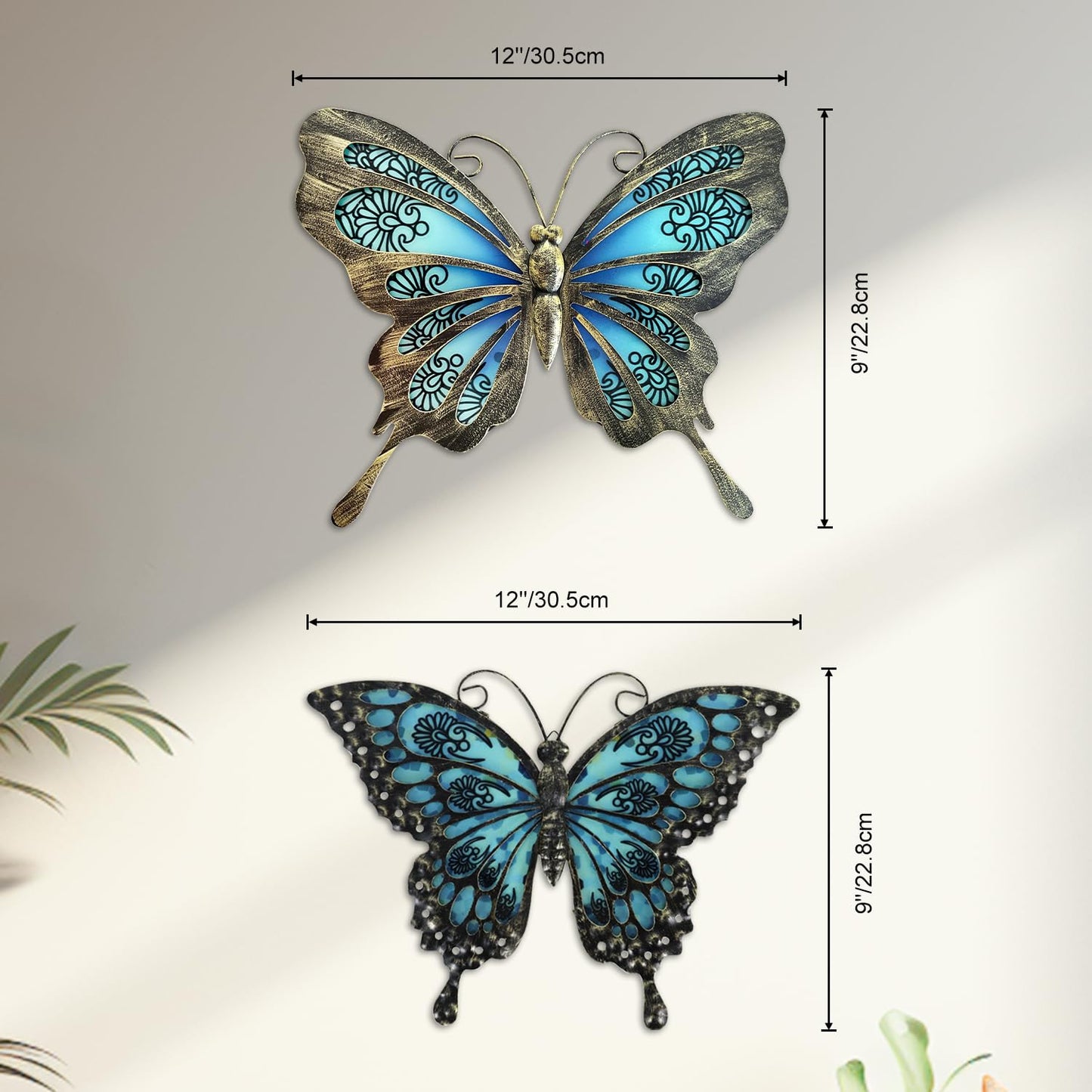 LIFFY Metal Butterfly Wall Decor,2Pack 12" Hanging Glass Butterfly Outdoor Decor,Garden Decorative Ornaments Outside for Home,Yard,Fence,Patio