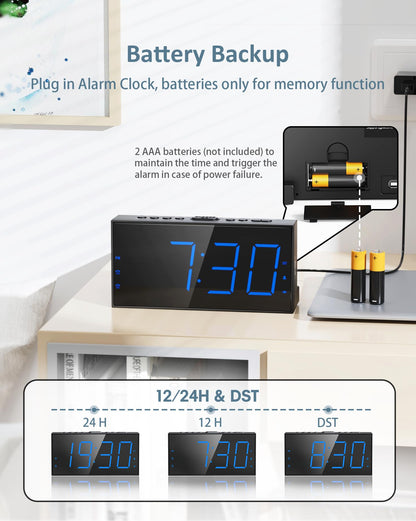 Roxicosly Loud Alarm Clock with Bed Shaker, Vibrating Alarm Clock for Heavy Sleepers/Hard of Hearing/Deaf,Dual Alarms, 7.5’’ Large LED Display, Dimmer, USB Charging Port, Plug-in with Memory Function