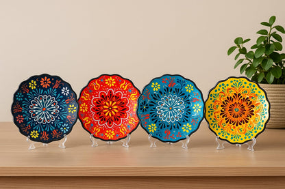Ayennur 4-Piece 5-Inch Handmade Turkish Ceramic Plate Set – Wall & Table Decor & Jewelry/Ring Dish – Decorative Rings & Jewelry Tray Set