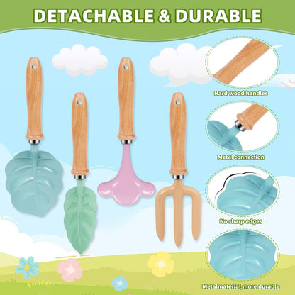 RayYunTustone Kids Gardening Tools Set - 4pcs, Outdoor Yard Digging Tools with Shovel Rake Leaf Rake, Summer Beach Backyard Play Kit, Ideal Outdoor Birthday Gift for Boys & Girls 2 3+ Years