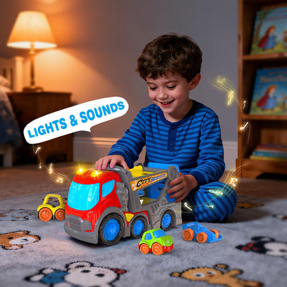 P&C 12.2" Toddler Car Transport Truck Toys for Ages 2-4, Car Carrier Transporter Double-Deck Hauler Truck‌ Toy Set with Sounds Lights for Kids 18M+ 2 3 4 5, Birthday Christmas Gifts for Boys Girls