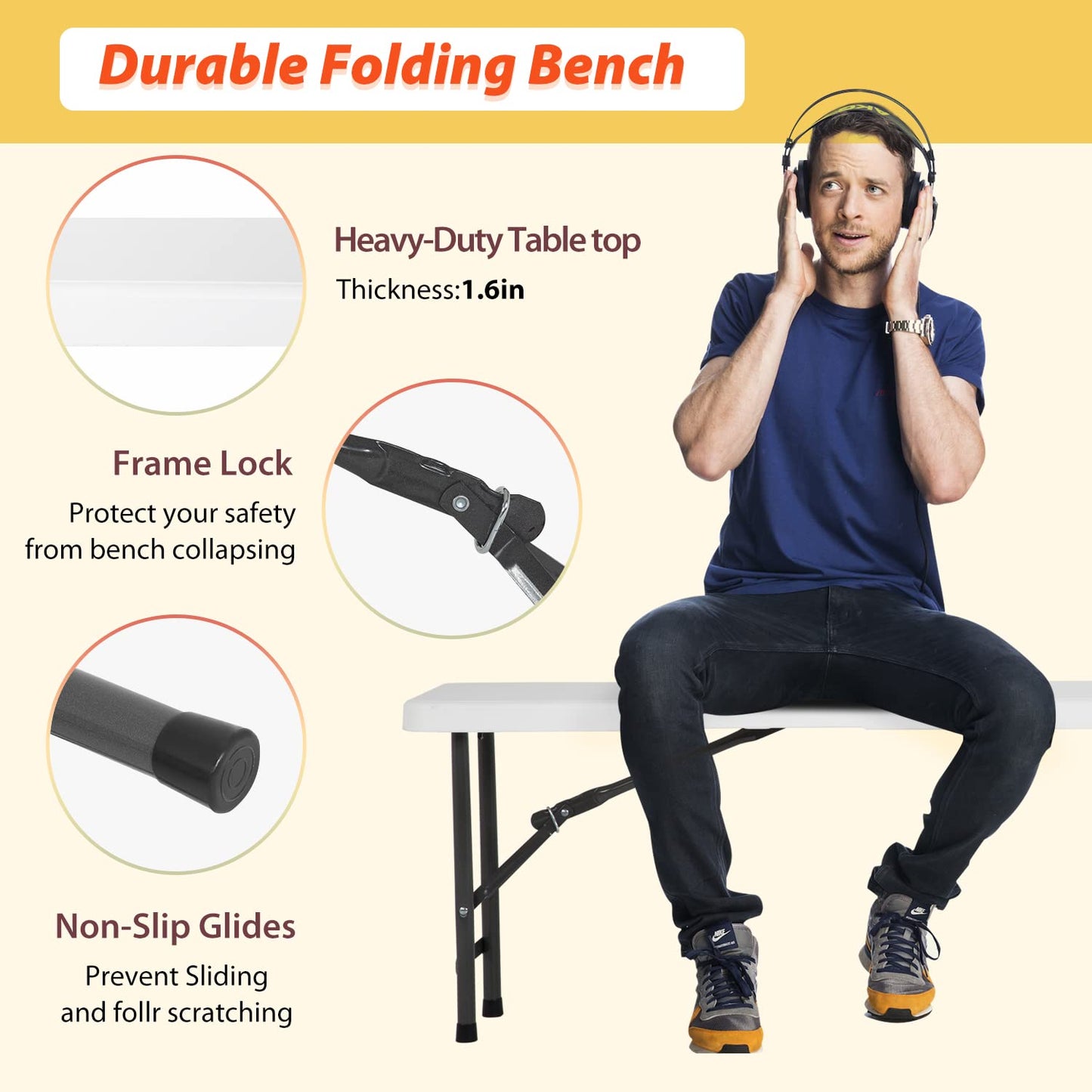 6FT Bench Chair Plastic Folding Bench Plastic Portable Outdoor Bench Garden Bench with Carrying Handle and Lock for Camping Picnic Party Dining 2 Pack White