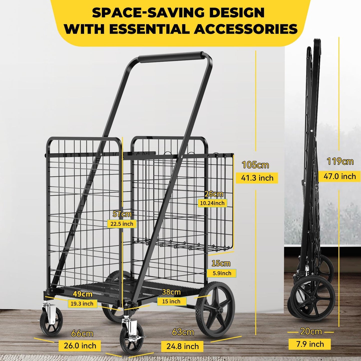 XING LANG 5.0 Cu Ft Folding Shopping Cart - 480 LB Capacity Grocery Cart with 360° Braked Swivel Wheels - Heavy Duty Utility Cart with Double Basket & Removable Waterproof Liner with Lid for Laundry