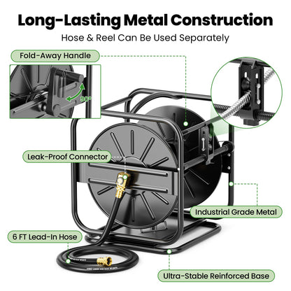 SPECILITE Garden Hose Reels, Holds 100 to 200 FT Hoses, Upgraded Guide System, 360° Swivel Base, Includes 5/8'' x 6ft Leader Hose for Outside, Yard, Wall Mount/Floor Water Pipe Spool