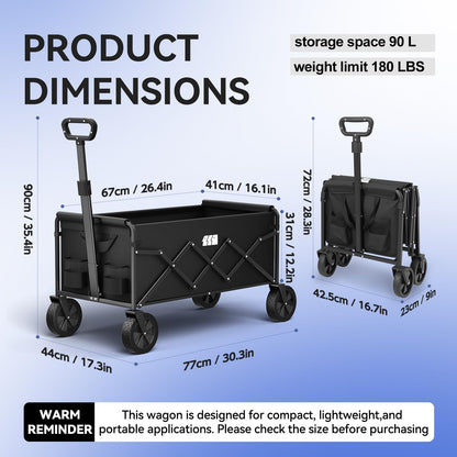 TANSTRIDER Collapsible Foldable Wagon, Folding Wagon with Wheel Heavy Duty with 180lbs Weight Capacity Lightweight Utility Camping Cart for Groceries Garden Beach Sports Fishing (Black)