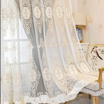Amidoudou 1 Pair Luxury 3D Flower Embroidered Curtains for Bedroom European Double Layer Curtains with Valances for Living Room (Grey,52x84 Inch)