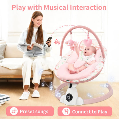 Baby Swing for Infants with 5 Swing Speeds, Portable Electric Baby Swing with Bluetooth, Remote Control & Touch Panel, 5-Point Harness, Indoor & Outdoor Use, Pink