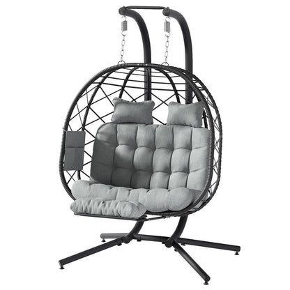 Suteck Double Hanging Egg Chair with Adjustable Footrest & Stand, Indoor Outdoor 2 Person Wicker Egg Swing Chair with Cushion, 660lbs Capacity for Patio, Bedroom, Garden - Grey