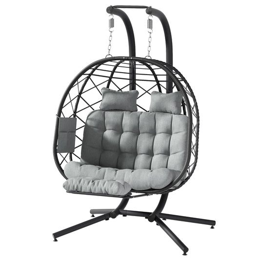 Suteck Double Hanging Egg Chair with Adjustable Footrest & Stand, Indoor Outdoor 2 Person Wicker Egg Swing Chair with Cushion, 660lbs Capacity for Patio, Bedroom, Garden - Grey