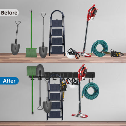 Sinoer Heavy Duty Steel Garage Wall Mount Garden Tool Organizer with 9 Adjustable Metal Hooks and 2 Straps, for Garden Tools, Chairs, Brooms, Mops, Rakes, Shovel