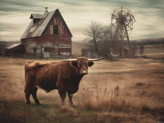 HMDIIMGE Farmhouse Red Old Barn Country Windmill Landscape Rustic Highland Cow Vintage Nature Scenery 5D Adult Diamond Art, DIY Diamond Art Painting Kit for Decor Canvas 12x16 inch