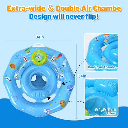 Baby Pool Float with Canopy, Inflatable Baby Swim Float with UPF50+ Sun Protection, Infant Pool Float with Toy Play Console,Safety Handles & Leashes,Adjustable Safety Seat For Toddler Aged 6-36 Months