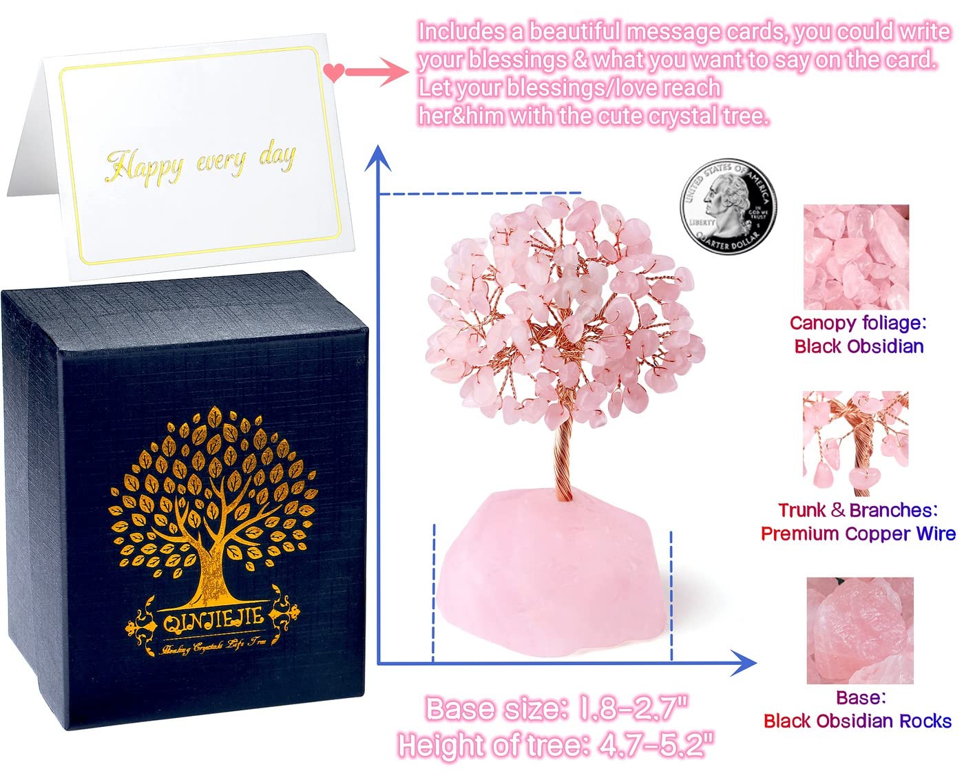 QINJIEJIE Rose Quartz Crystal Tree Healing Crystals Pink Desk Decor Gemstone Tree Natural Stones Base Copper Wire Attract Luck Money Trees Office Decor Energy Spiritual Meditation Gift