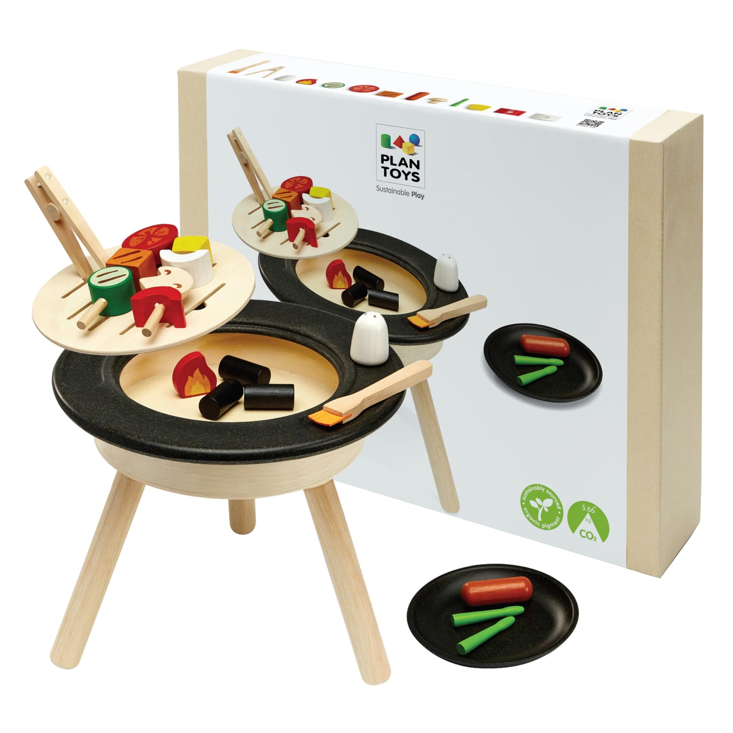PlanToys® Wooden Barbeque Pretend Cooking Toy for Kids | Kitchen Toy Includes Grill, Food Pieces, Tongs & Charcoal Stove | Montessori Food Role Play Set for Fine Motor Skills & Imaginative Learning