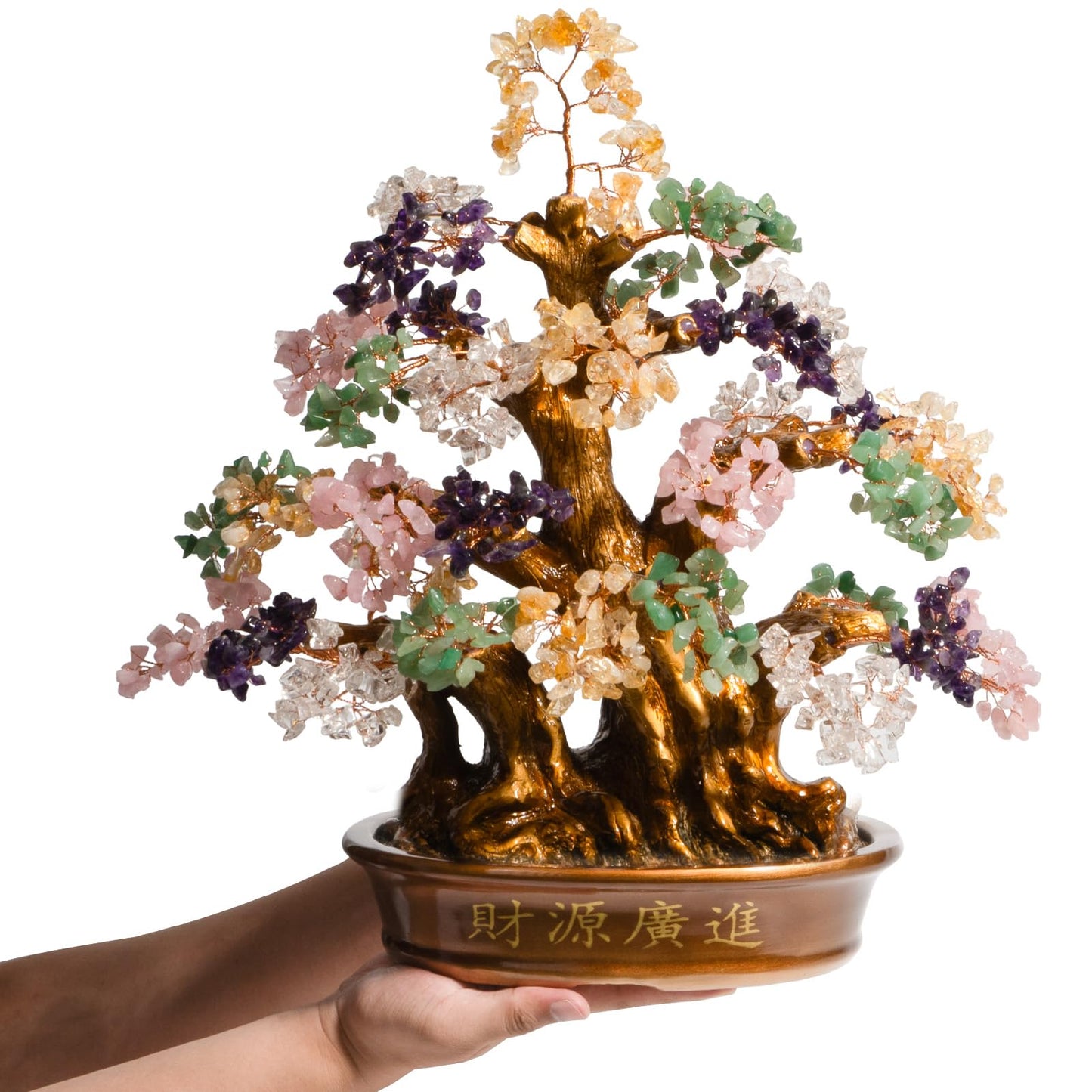 GEMBOURY Natural Bonsai Feng Shui Money Tree, 18'', Includes Lucky Coins Chain, Tree of Life (1300 Gemstone Count), Good Luck and Wealth