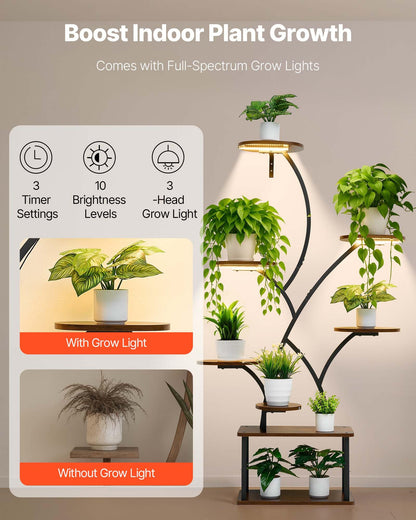 VEVOR Plant Stand Indoor with Grow Lights, 62 in Tall 8-Tier Lighted Plant Shelf, Metal Corner Plants Holder, 3 Timer & 10 Brightness, Tree-Shaped Flower Display Rack for Living Room Balcony Decor