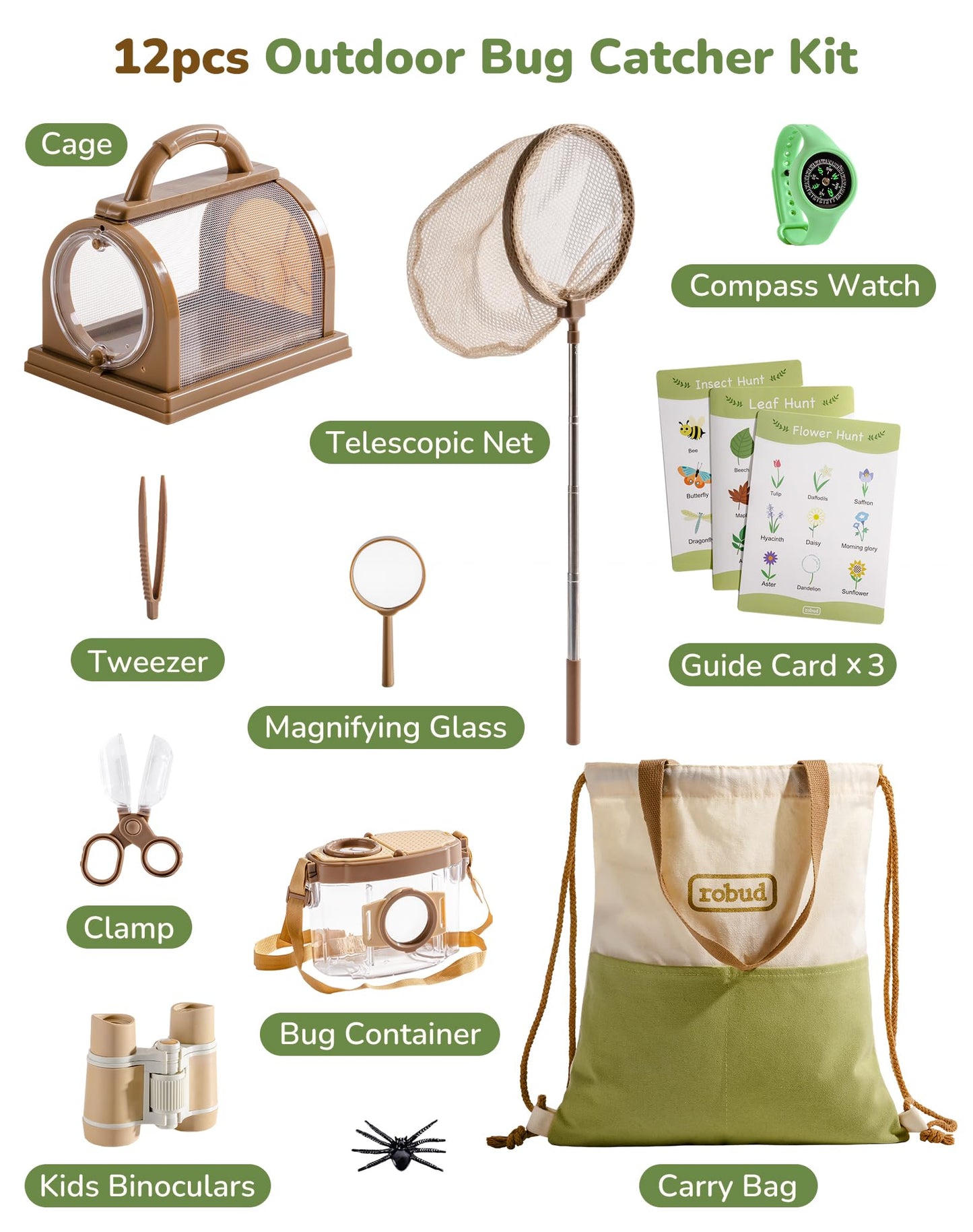 ROBUD Upgraded Kids Explorer Kit, Bug Catcher Kit with Wild Adventure Binoculars, Green Outdoor Exploration Set for Camping, Montessroi Toy for Kids Coming Closer to Nature，WRP30