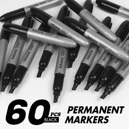INTUNO Jumo Permanent Markers, 60 Count Black, Chisel tip, Oil-Based Permanent Markers, Waterproof and Fade-Resistant, for Paper, Wood, Metal, Glass and More
